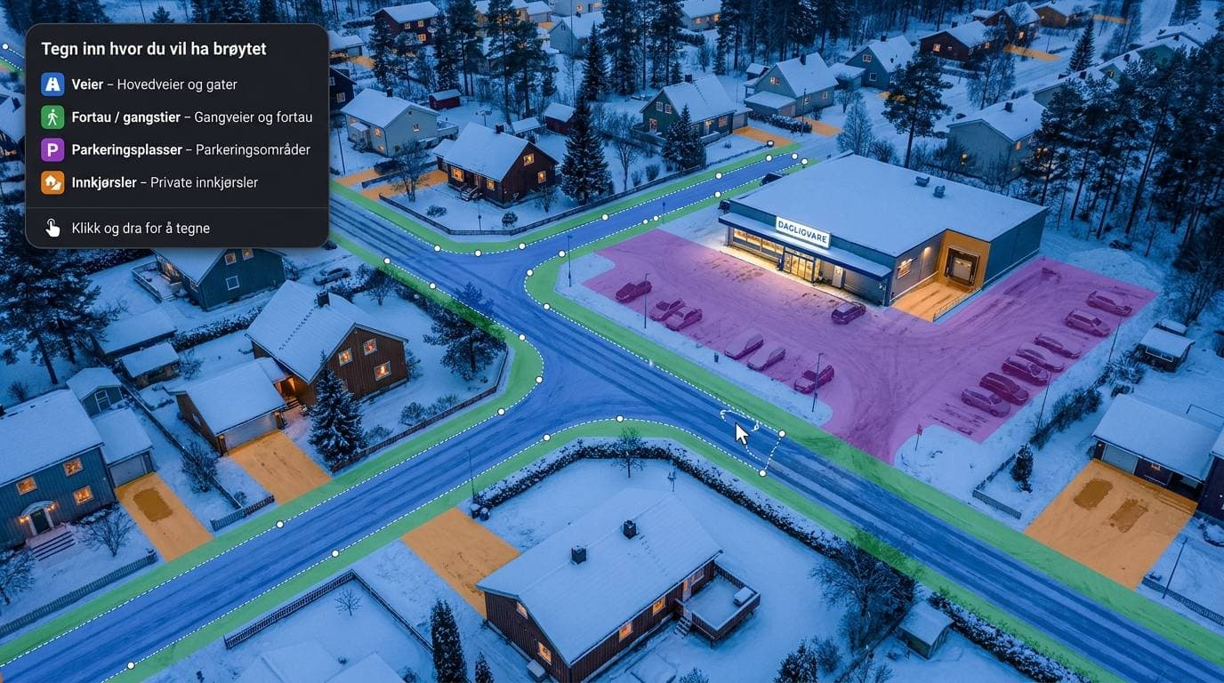Illustrasjon av et snødekt nabolag der veier, fortau, innkjørsler og parkeringsplassen til nærbutikken er markert i hver sin farge
